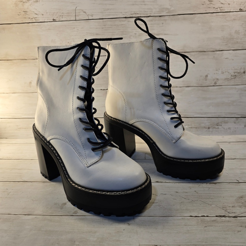 Madden Girl Karma White Black Platform Combat Boots Block Heel Lace Up 8M